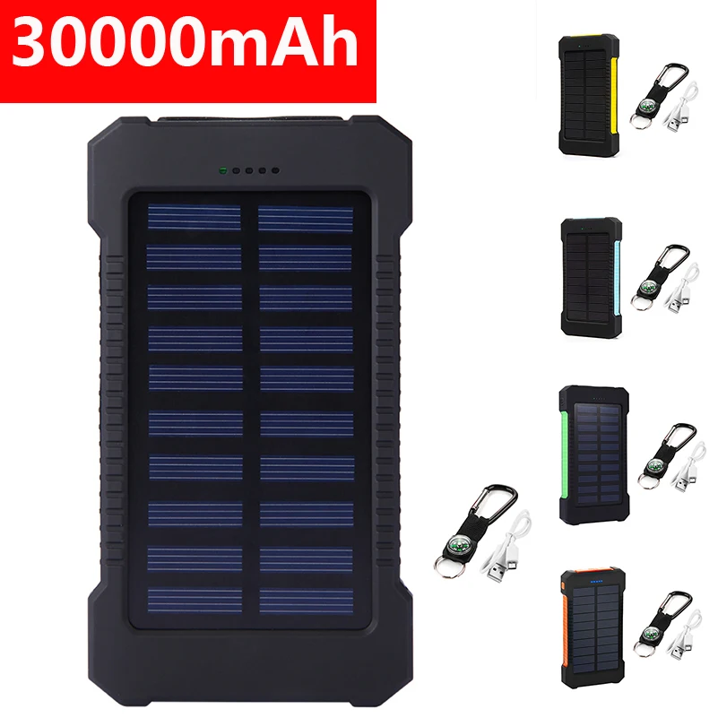 Saulės Energijos Banko 30000mAh Dual USB Vandeniui Saulės Kroviklį Power Bank Nešiojamų Išorės Baterija Powerbank su LED Šviesa