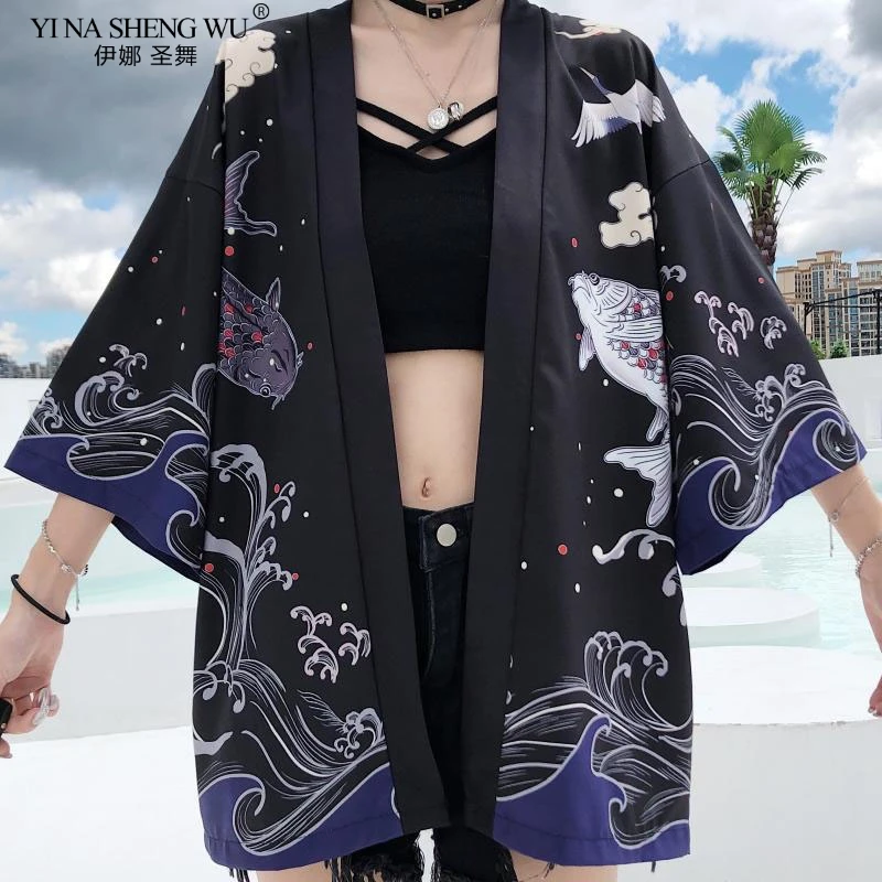 Japonijos Žuvų Spausdinti Kimono Megztinis Harajuku Tradicinis Moterų Cosplay Yukata Moterų Obi Juoda Streetwear Haori Beachsafd Kailis