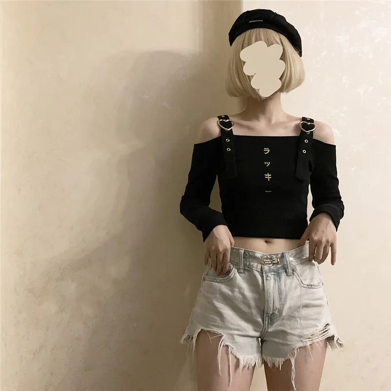 Gothic Punk Off Peties Moterų Marškinėliai Rudenį Mielas Juokingas Ilgomis Rankovėmis Pasėlių Viršuje Japonija Streetwear Kawaii Sexy Juoda Rausva Tee Marškinėliai