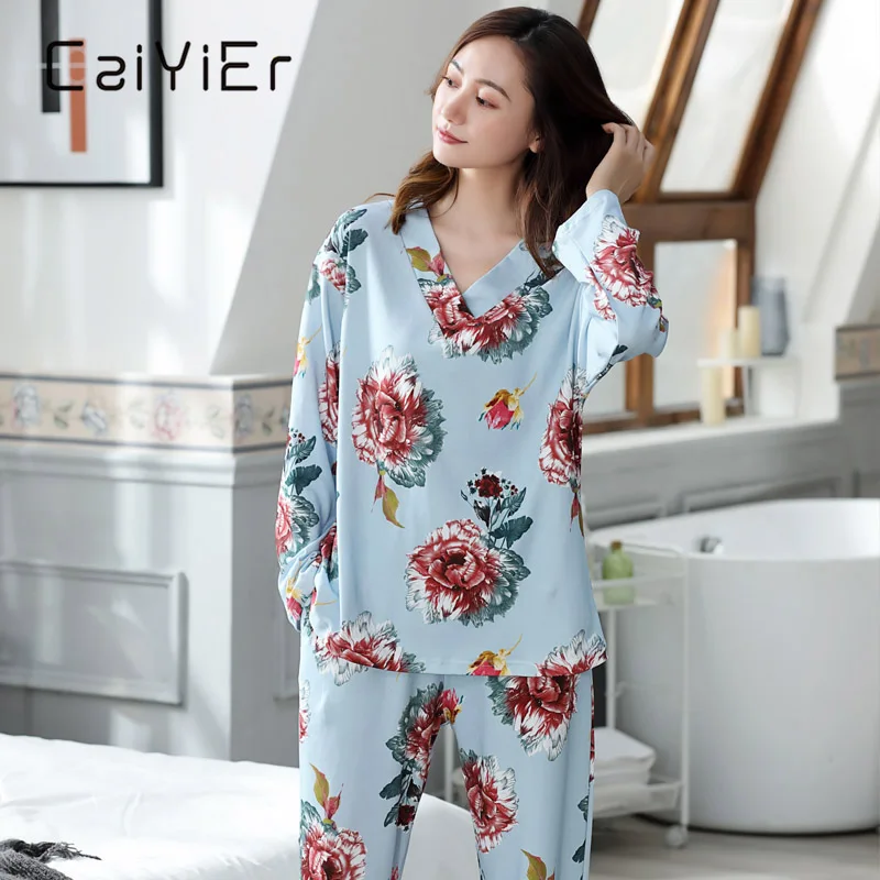 CAIYIER V-Kaklo Seksuali Pižama Nustatyti Gėlių Spausdinti Sleepwear Moterų Medvilnės naktiniai drabužiai Tiktų Didelio Dydžio Laisvi Namų Drabužius M-4XL