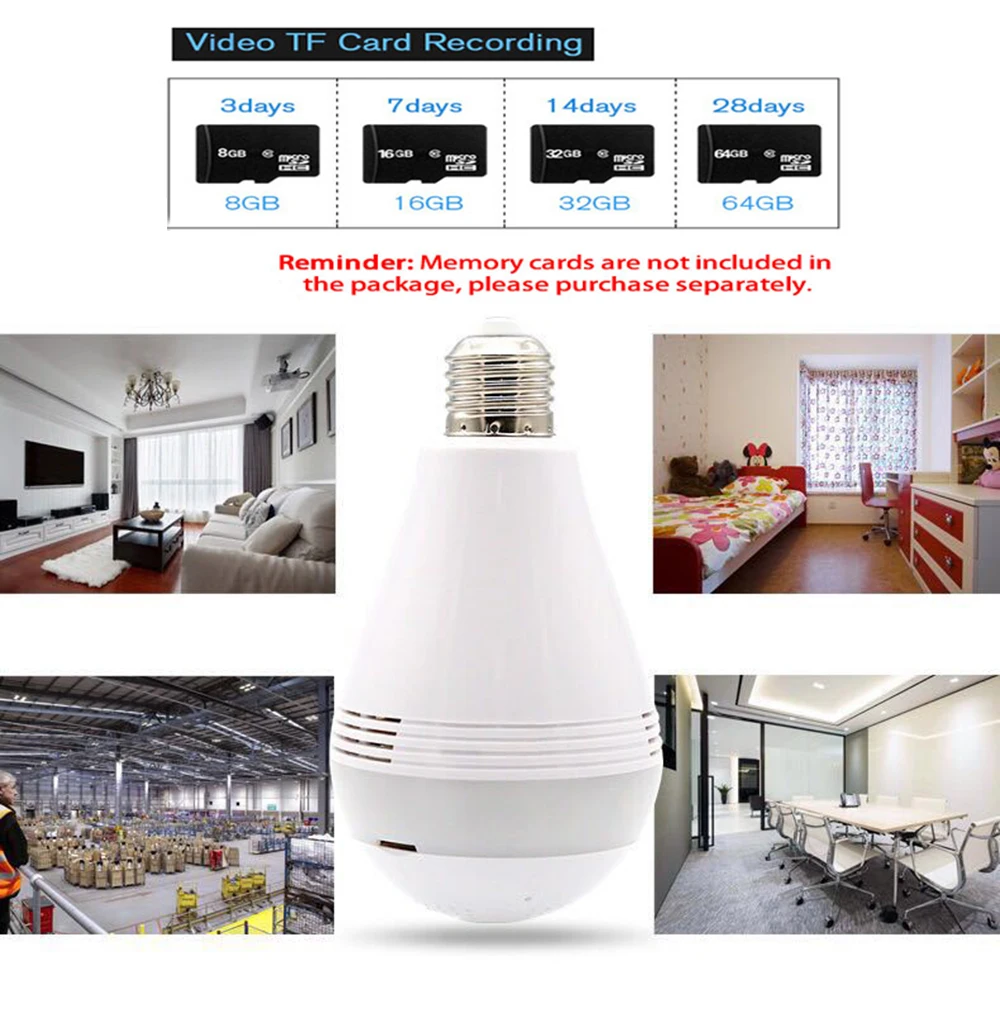 360 Laipsnių Belaidžio WIFI IP Šviesos, Kamera, 1080P Lemputė Lempos Panoraminis 