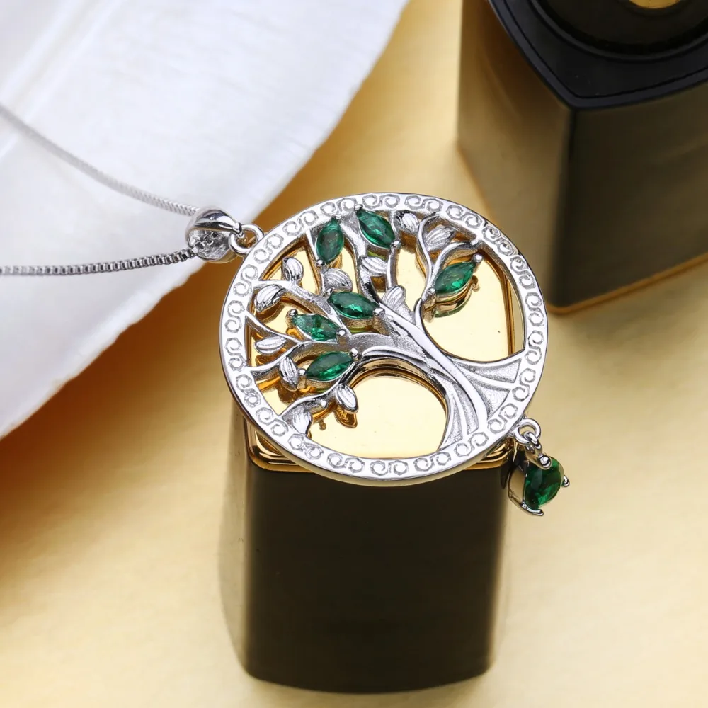 FENASY gyvybės medis Karoliai Moterų nauja madinga žalia kristalų 925 Sterlingas Sidabro Gyvybės Medžio Apvalus Pakabukas Fine Jewelry