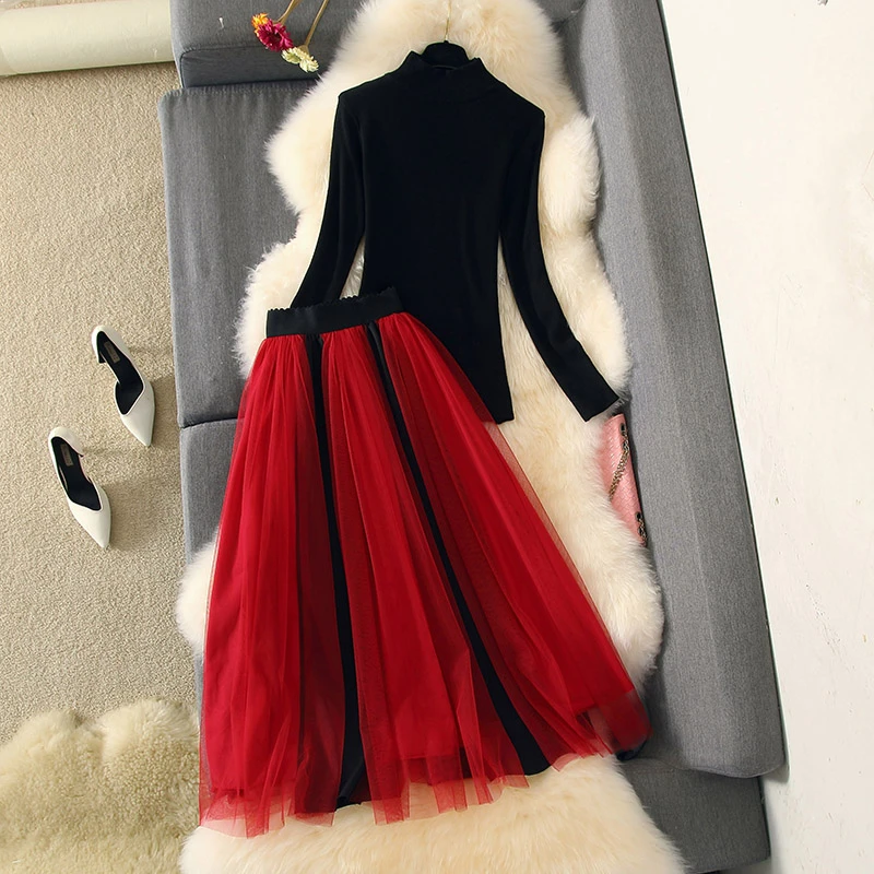 Elegantiškas žiemą, rudenį, Moterų Megzti Soild Megztiniai Megztinis +Elastinga Juosmens juoda raudona Kratinys Akių nėrinių Sijonus Dviejų dalių Rinkiniai