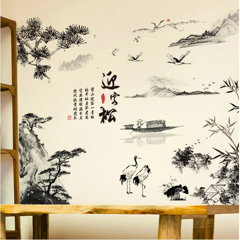 Kinų stiliaus dažai, tapyba kraštovaizdžio sienos lipdukai pušies valčių, namų apdaila, PVC, vinilo tapetai, Bambuko kalnų sienos lipdukai