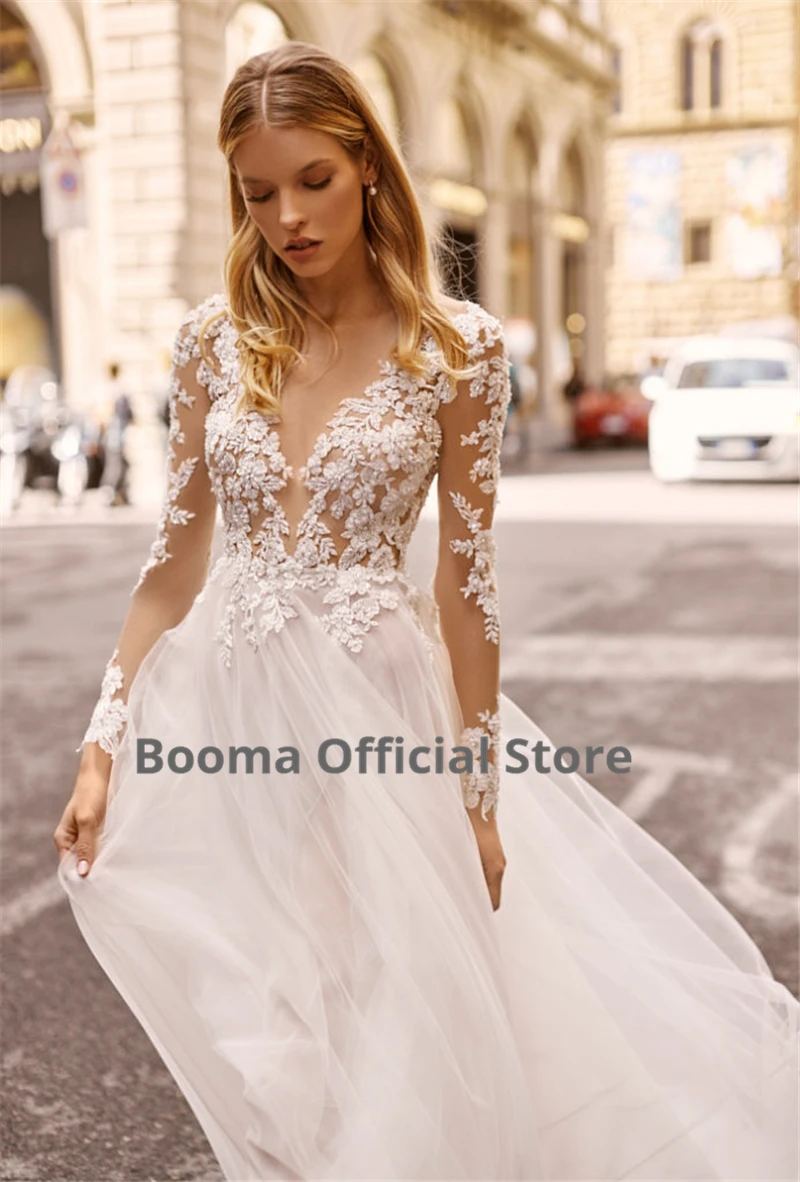 Booma Bohemijos Vestuvių Suknelė 2020 Elegantiškas Nėrinių Appliqued su Duobute Minkštas Tiulis ilgomis Rankovėmis Beach Boho Vestuvinės Suknelės su Split