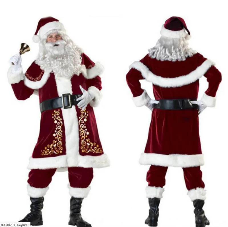 Suaugusiųjų Žiemos Kalėdų Kostiumas 9Pcs Aksomo Deluxe Santa Claus Tėvas Cosplay Kostiumas Fancy Dress Pilna Kalėdų Rinkiniai