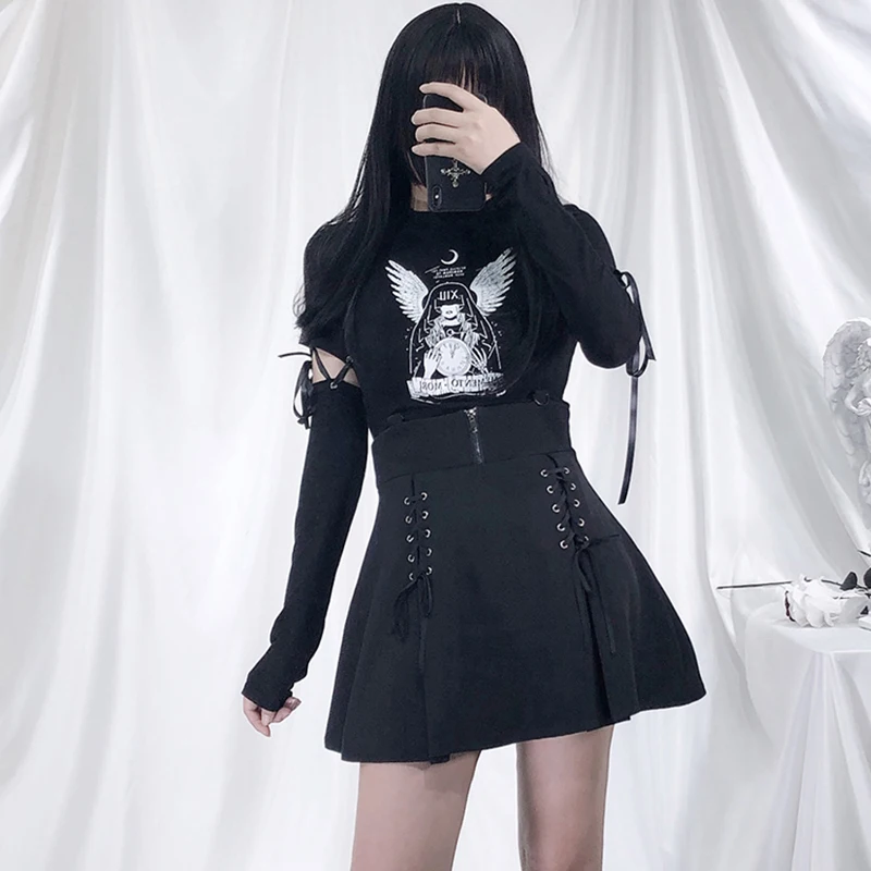 Harajuku Mada Juodas Mini Sijonas Moterims Gothic Lolita Cute Tvarstis Trumpas Linija Sijonas Mergaitėms Derliaus Punk Cosplay Suspender Sijonas