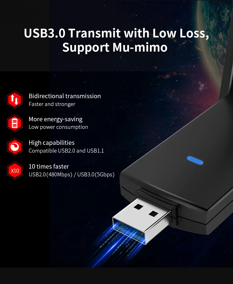 10vnt 1200Mbps Dual Band USB 3.0 RTL8812BU Belaidis USB Lan Adapteris Wifi Dongle 802.11 ac Su Antena AP Režimu Nešiojamojo kompiuterio Darbalaukį