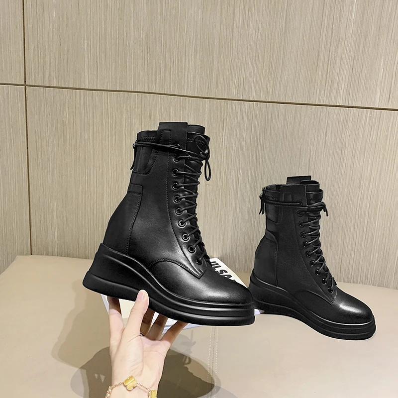 Japonija, Pietų Korėja, Naujas žiemos kulkšnies Moterų batai natūralios odos 8cm pleištai Mados batai juodi Moterims, batai Neperšlampami Taivanas