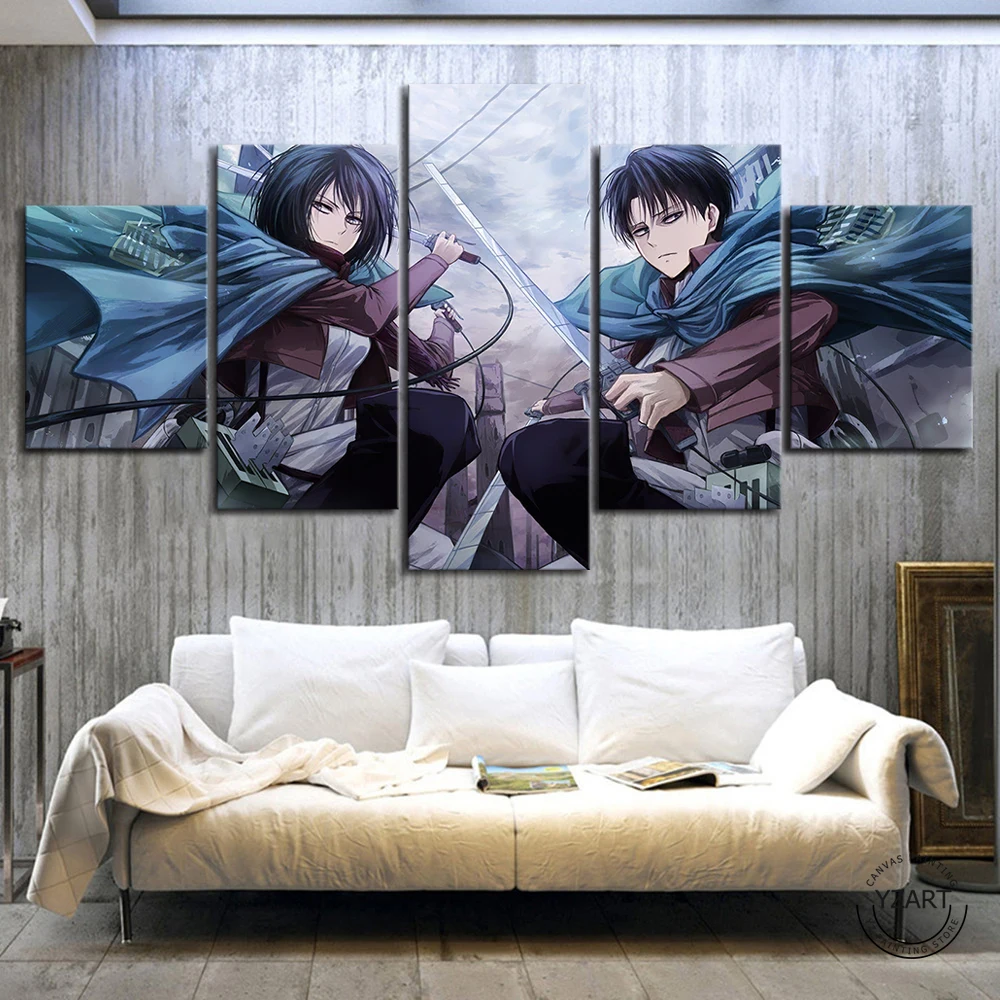 5vnt Ataka Titan Levi Akermano ir Mikasa Anime Plakatas Animacinių filmų Siena Lipdukas Drobė Sienos Meno Tapybos, Miegamojo Sienų Dekoras