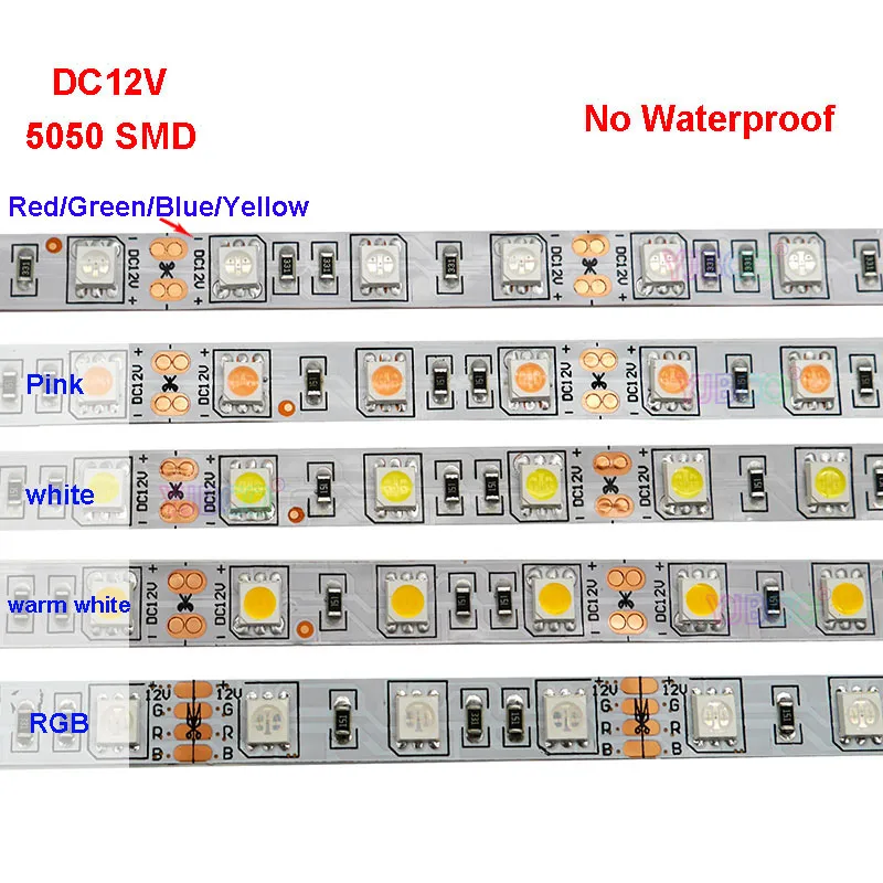 5M/daug 60LEDs/m DC12V 5050 SMD Balta/Šiltai Balta/Raudona/Žalia/Geltona/Mėlyna/Rožinė/RGB/UV/RGBW/RGBWW Lanksti Led Šviesos Juostelės juosta