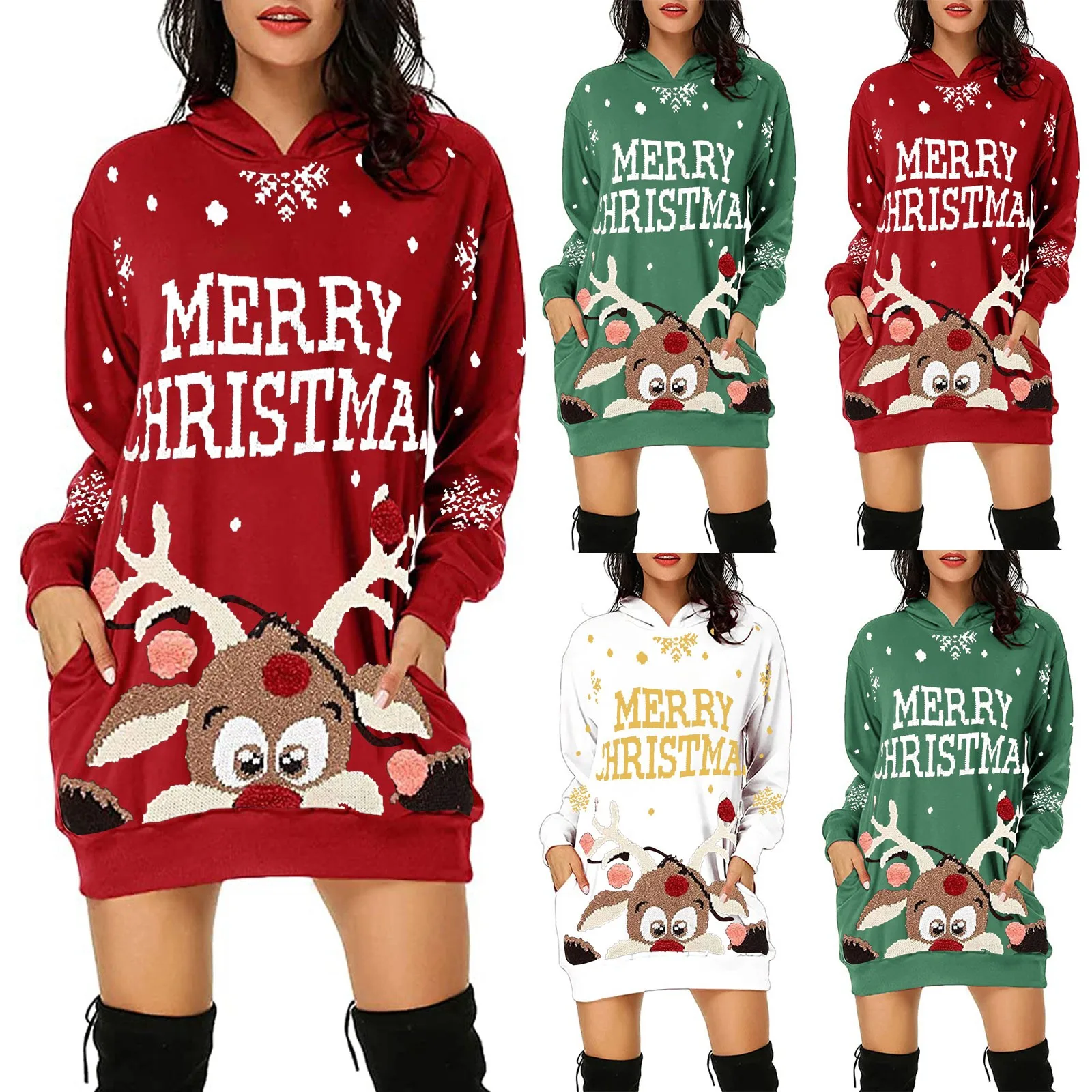 2021 Moterų Mados Kalėdų Hoodie Maišelį Klubo Kišenėje Spausdinti Hoodie Mados Suknelė Palaidinukė kalėdos modelio ilgas sijonas skraiste платье e4