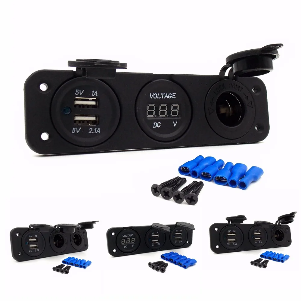 12V PASIDARYK pats Modulis centralei Splitter Maitinimo Adapteris Automobilių 5V 2.1 Dual USB Adapteris, Įkroviklis + Žiebtuvėlio Lizdų + Digital Voltmeter