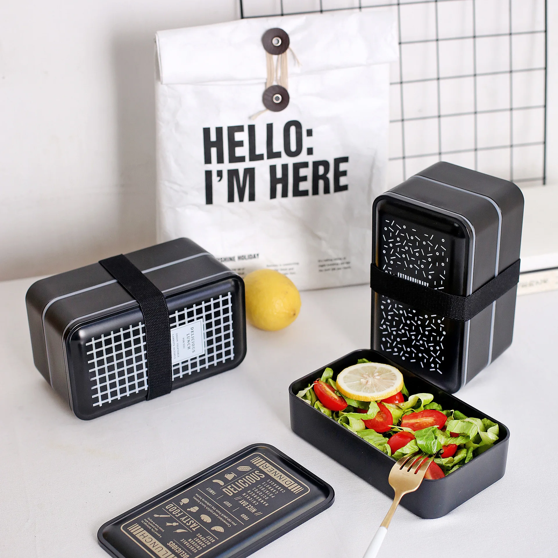 Du kartus priešpiečių dėžutė priešpiečių dėžutė plastiko pusryčiai ir vakarienė studentų maisto konteineryje juoda nešiojamų priešpiečių dėžutė mikrobangų šildymo 2000ml