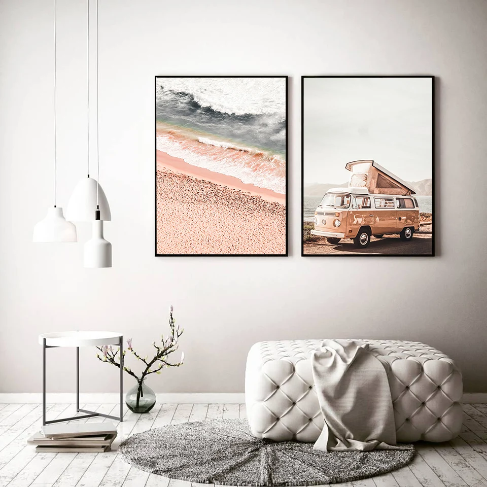 Palmių Skėtį Nuo Saulės Sienos Menas Drobė Pink Paplūdimys Plakatai Pastell Spaudinių Volkswagen California Autobusų Dažymas Nuotraukos Sienos, Namų Dekoro
