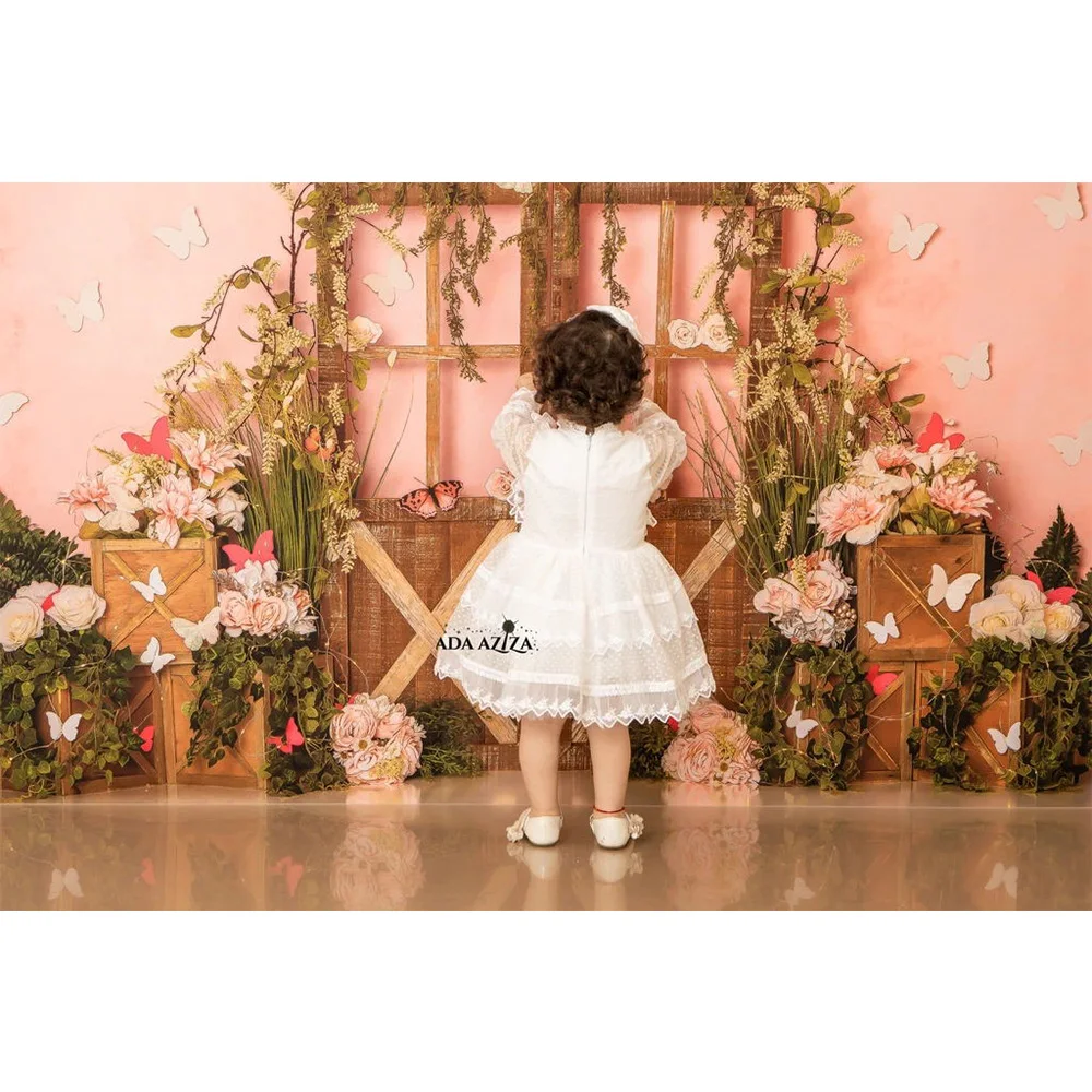 Vaikams 1-ojo gimtadienio Fotografijos Fone, Gėlių Drugelis Medienos Durys Temą Rekvizitai, Rausvos Sienos Spalvinga Gėlių Fonas Foto Studija