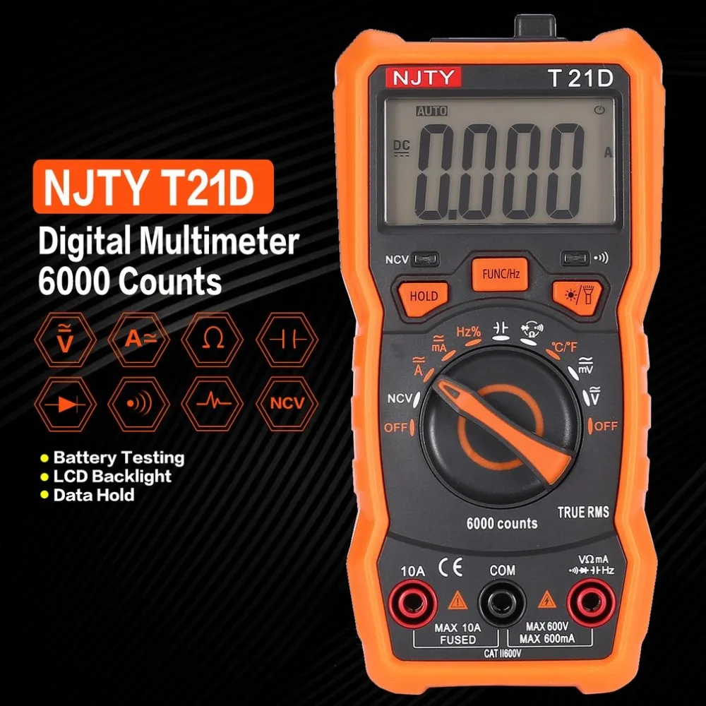 Skaitmeninis Multimetras NJTY T21D DC/AC Įtampos Srovės Matuoklis Nešiojamą Ammeter Ohm Diodų NCV Testeris 6000 Skaičiuoja Multitester