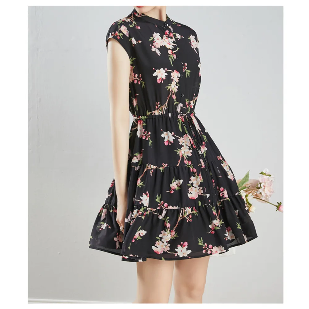 Silviye prancūzijos spausdinti šilko suknelė moterų šilko juostos rodo, plonas temperamentas gėlių mažai liemenė-sijonas vasaros, nauja