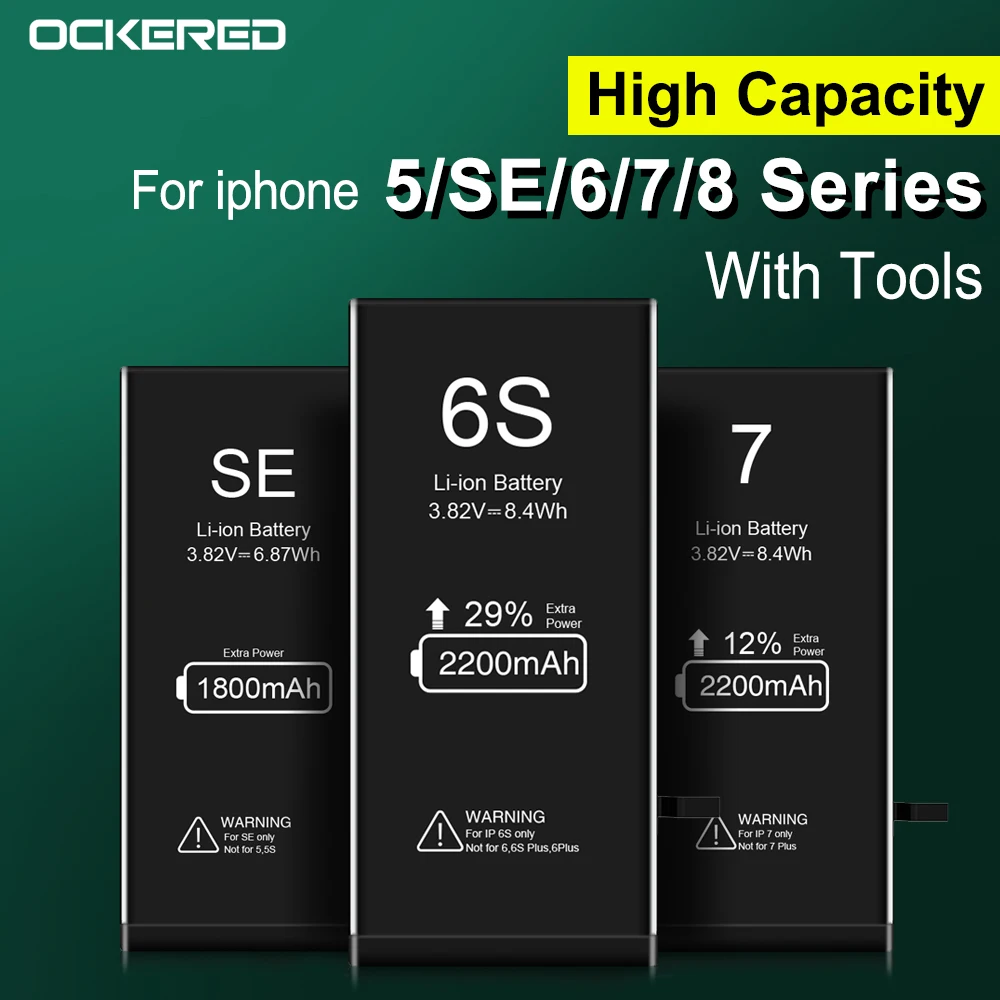 OCKERED Telefono Bateriją, skirta iphone 5S 6s SE Didelės Talpos Bateriją, skirta iPhone 6 7 8 6plus 7Plus Baterija su nemokamais Įrankiais