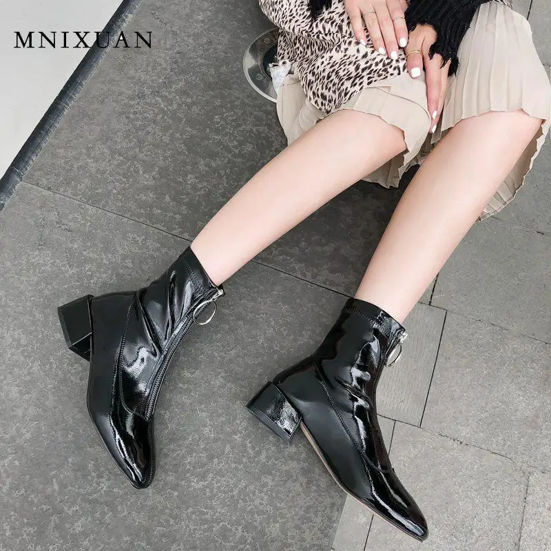 MNIXUAN Rankų darbo rudens ir žiemos moterų batai 2019 naujas lakinės odos, suapvalinti tne vidutinio kulniukai black bateliai block kulniukai batai