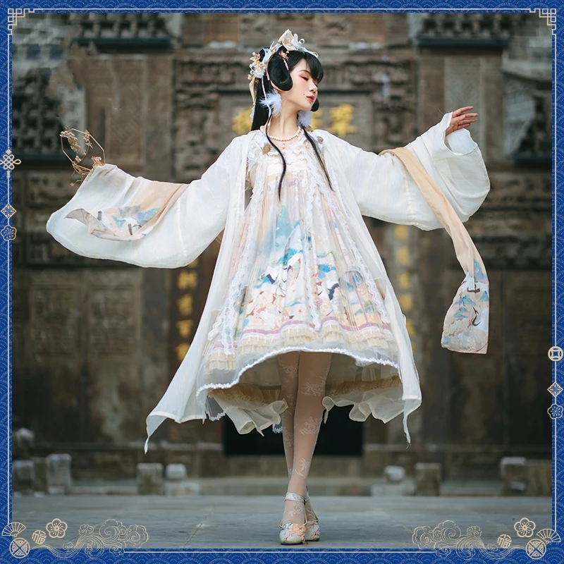 Kinų stiliaus lolita dress senovinių nėrinių bowknot mielas spausdinimo kawaii suknelė gothic lolita jsk aukšto juosmens viktorijos suknelė loli cos