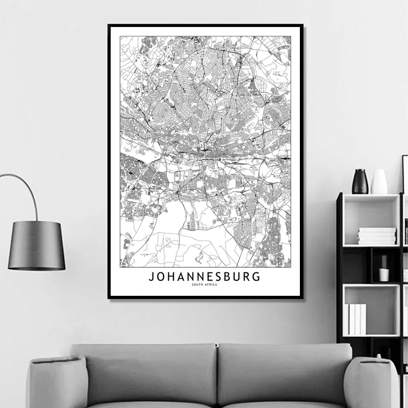 Johanesburgo Juoda Balta Užsakymą Pasaulio Miesto Žemėlapį Plakatus Spausdina Šiaurės Stiliaus Sienos Menas Nuotraukos Namų Dekoras Drobė, Tapyba