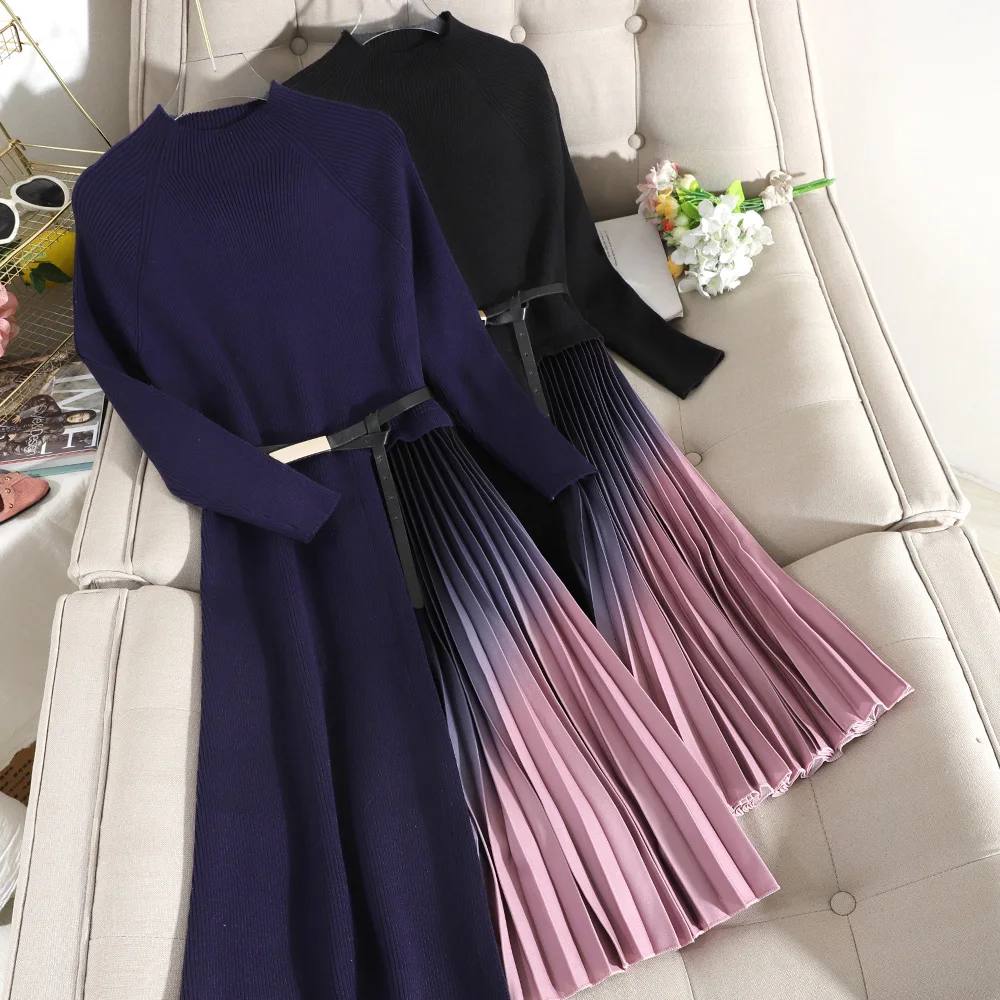 Mados Moterų Office Suknelė Naują Pavasario Rudens ilgomis Rankovėmis Kratinys Plisuotos Suknelės Lady Elegantiškas su Diržo Vintage Megztinis Suknelė