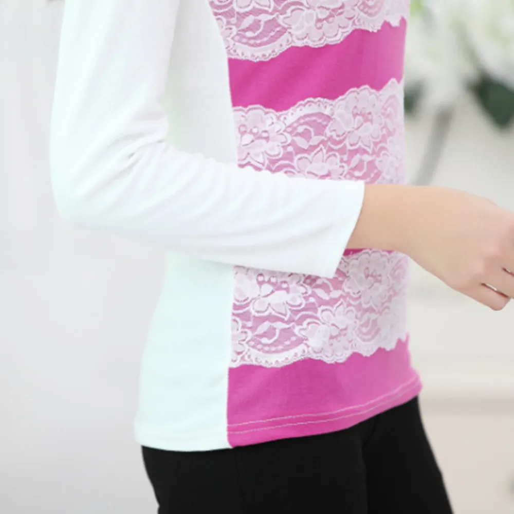 Moterų apvalios kaklo mezgimas nėriniai marškinėliai ilgomis rankovėmis marškinėliai YF142