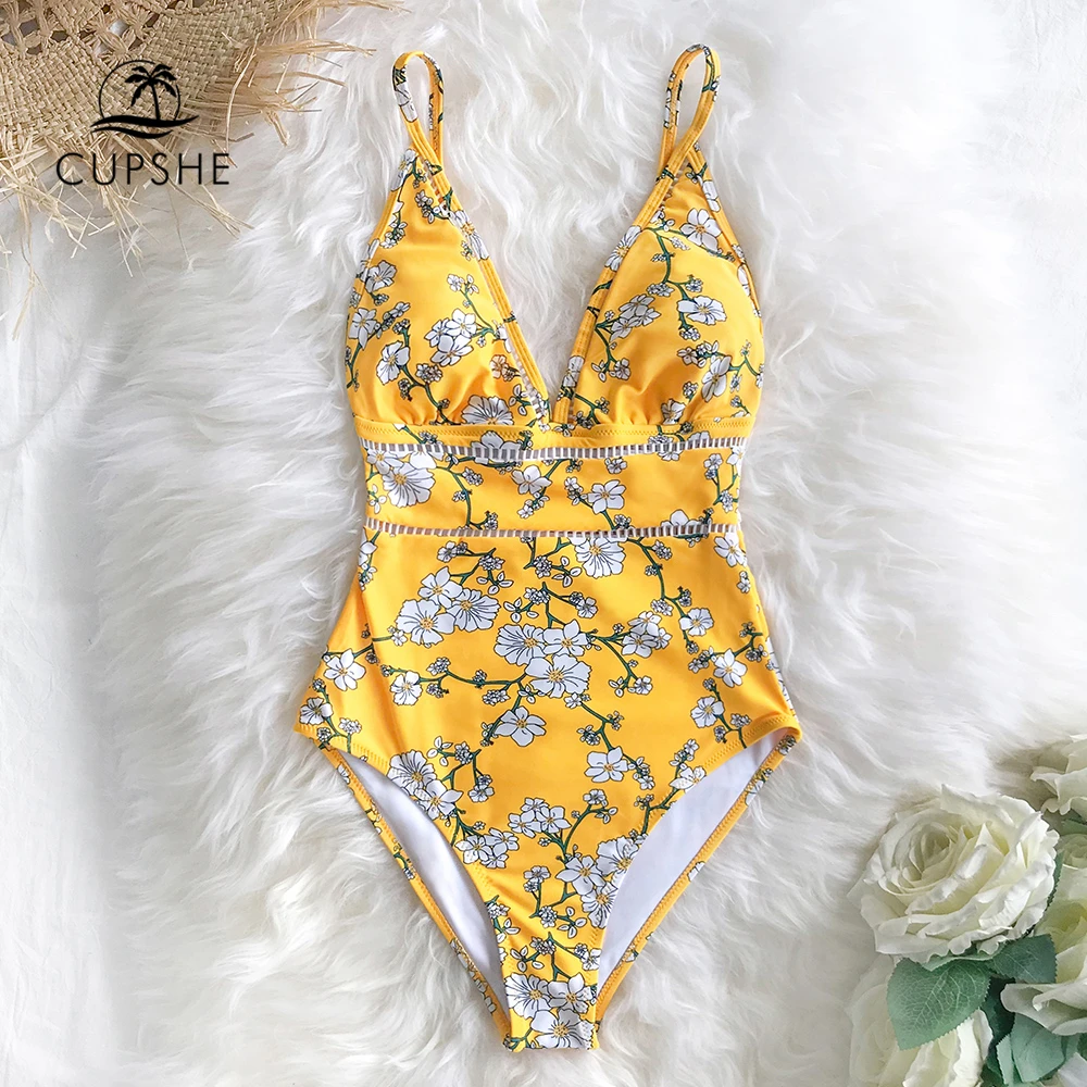 CUPSHE Seksuali Geltona Kriaušių Žiedų Gėlių Spausdinti vientisas maudymosi kostiumėlis 2021 Naujas Moterų Boho Maudymosi Kostiumai, maudymosi Kostiumėliai,