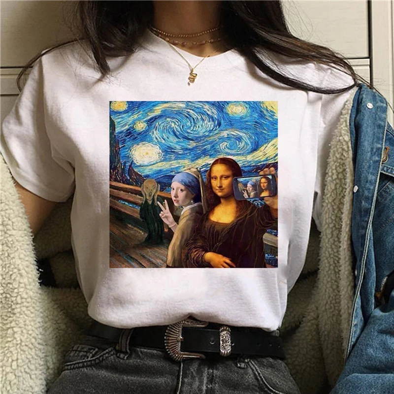 Mona Lisa Juokinga Harajuku T Marškinėliai Moterims Ullzang Derliaus Grunge Estetinės T-shirt korėjos Stiliaus Animaciją Marškinėlius 90s Viršuje Tees Moteris