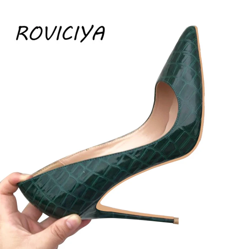 Juosvas žalia lakinės odos pažymėjo tne moterų batai aukštu kulnu, siurbliai 12 cm stiletto suknelė siurbliai batai QP012 ROVICIYA