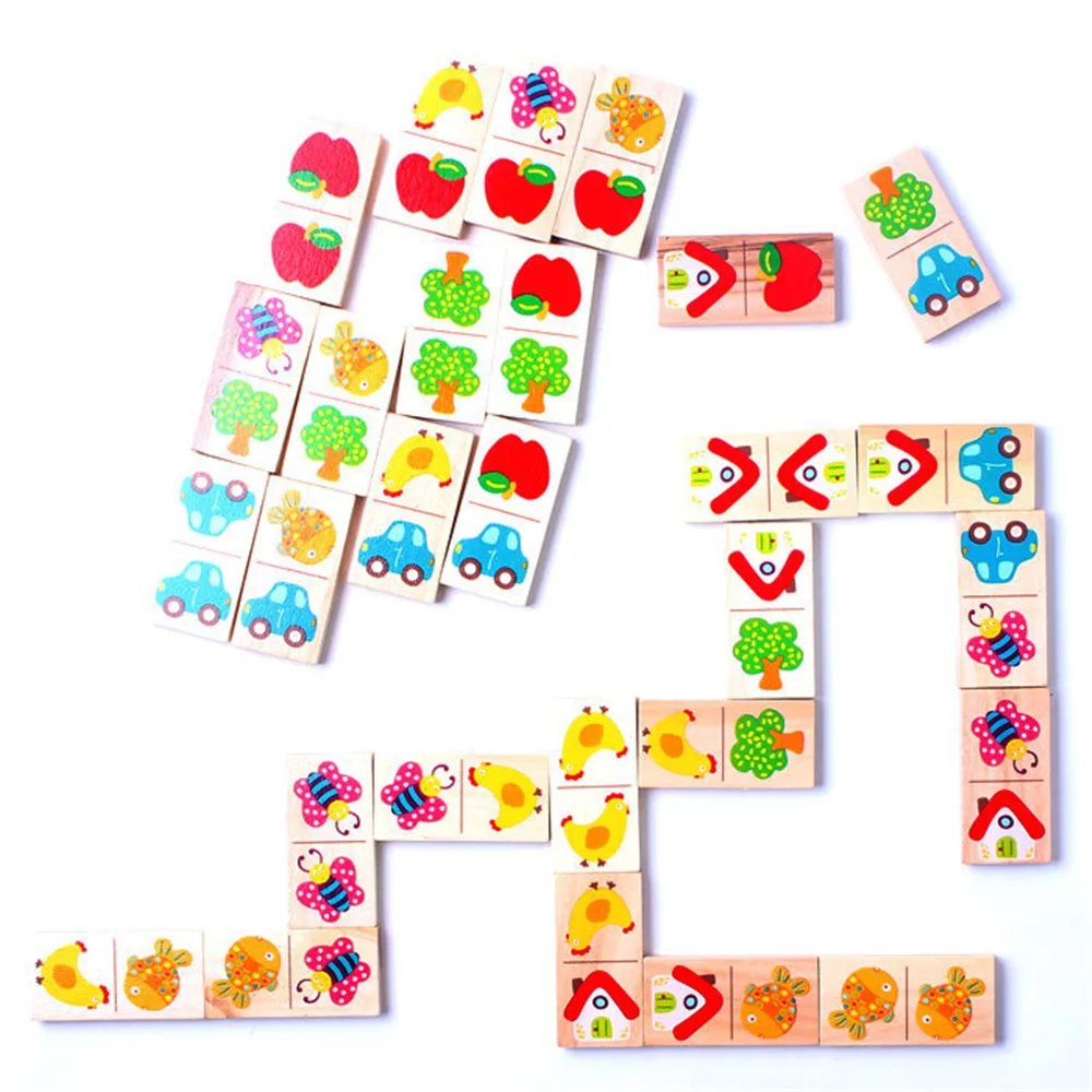 28pcs Medinis Domino Vaisių Gyvūnų Atpažinti Blokai Domino Žaidimai anglų Abėcėlės Raidės, Mokymosi Žaislai Vaikams, Žaislas, Mediena, Briketai