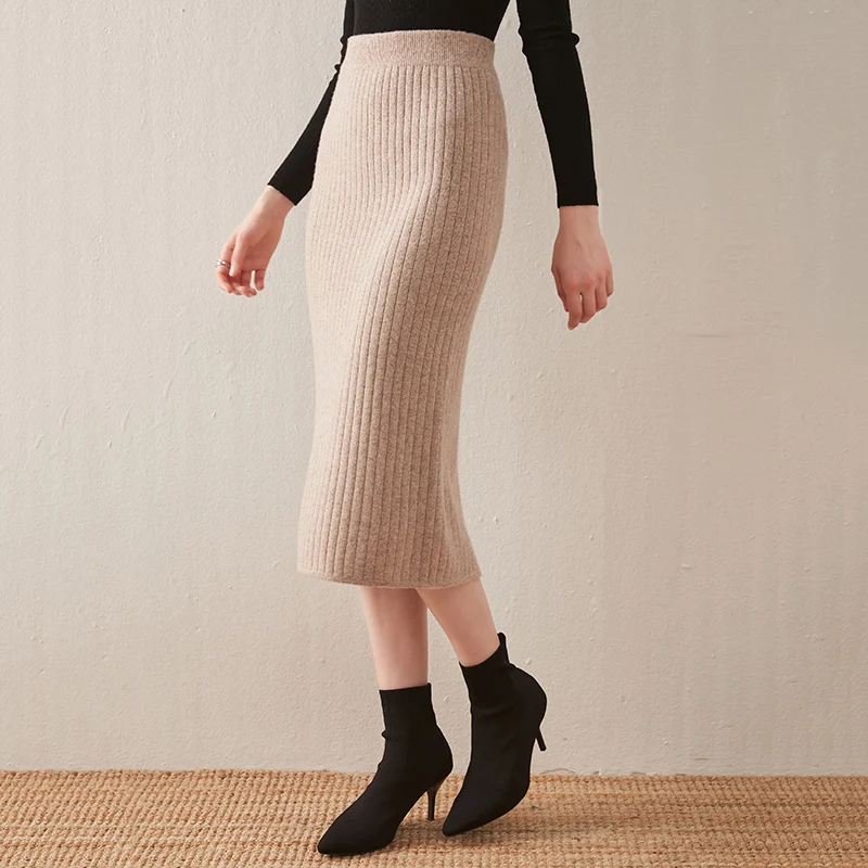 Rudenį, žiemą vilnos sijonas moterų aukšto juosmens elastinga juosmens megzti kašmyras sijonas apačioje liekninamasis įvyniojimas klubo sijonas vidutinio stilius
