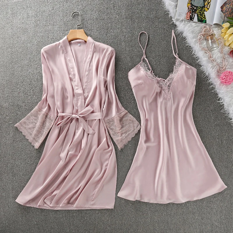 Fiklyc prekės ženklo moterų apdaras & suknelė nustatyti vasaros pusė rankovėmis chalatas + mini nightdress dviejų dalių sleepwear nustatyti, šilko imitacijos suknelė