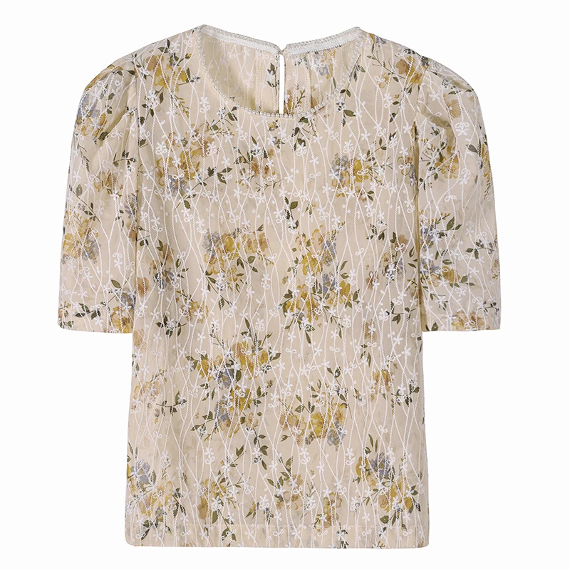 2021 Vasaros Apvalios Kaklo trumpomis Rankovėmis Marškinėliai Moterims Office Lady Gėlių Megztinis Moterims Šifono Palaidinė Viršūnes Blusas Mujer 9625