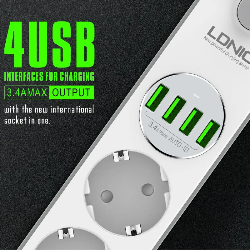 Europos Kištukas Galia Juostelės Su Jungikliu 4 Išvadai Greitas USB Įkrovimo Multi Elektriniu Išplėtimo Lizdo Laidas Laidas Surge Protector
