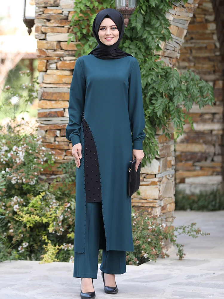 Tunika Kelnės Moterims Derinys Musulmonišką Hidžabą Tiktų Naujojo Sezono Perlų Išsamios Krepas Kokybės Medžiaga Elastinga Juosmens Kelnės Turkija