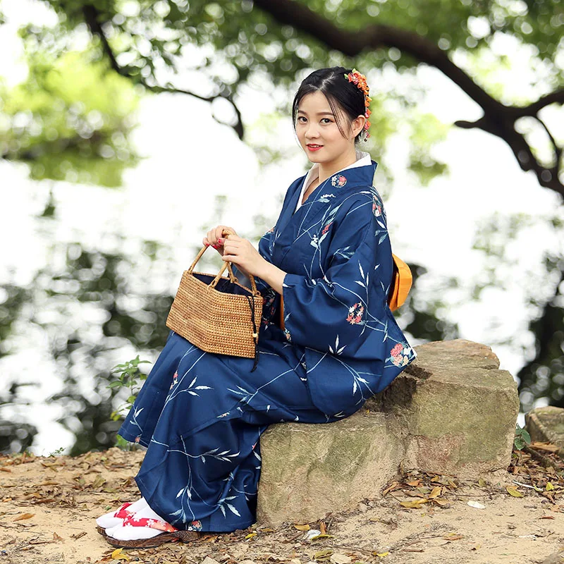 Japonijos Derliaus Moterys Vakaro Dress Blue Naujiena Kimono Yukata Spausdinti Gėlių Skraiste Suknelė Elegantiškas Etapo Rezultatus Drabužiai