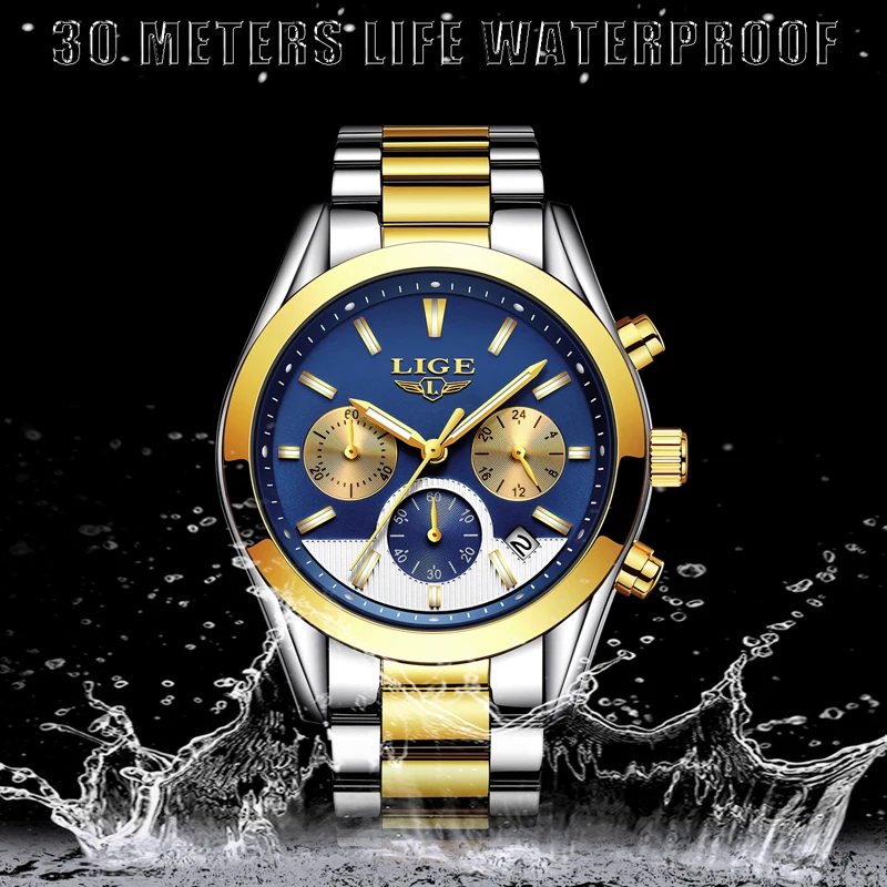 Relogio Masculino LIGE Mens Watch Verslo Viršų Mados Ženklo Laikrodžiai Sporto Atsitiktinis Vandeniui, Nerūdijančio Plieno, Kvarcas Laikrodžio +Box