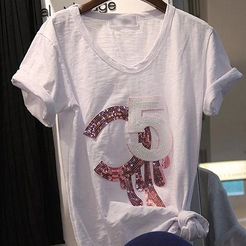 Vasaros C5 China Siuvinėjimo T shirt Spausdinti Moterų atsitiktinis plius dydis prarasti baltos viršų trumpomis rankovėmis tee marškinėliai