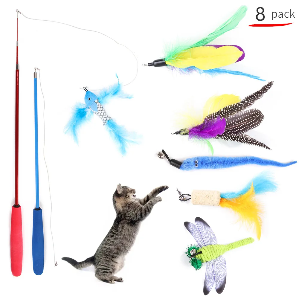 8pieces Kačių Žaislai, Plastikiniai Kačiukas Interaktyvus Stick Funny Cat meškere Žaidimas Lazdelė Plunksnų Stick Žaislas Naminių Reikmenys Katė Priedų