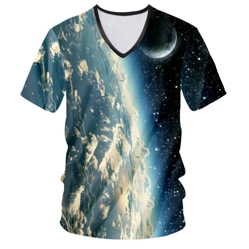 UJWI V Kaklo Marškinėlius Vyrų 3D Galaxy Vietos Punk Rock Tee Viršūnes Star Marškinėliai Mėnulis Atspausdintas T-shirt Greitai džiūsta trumpomis Rankovėmis T Shirts