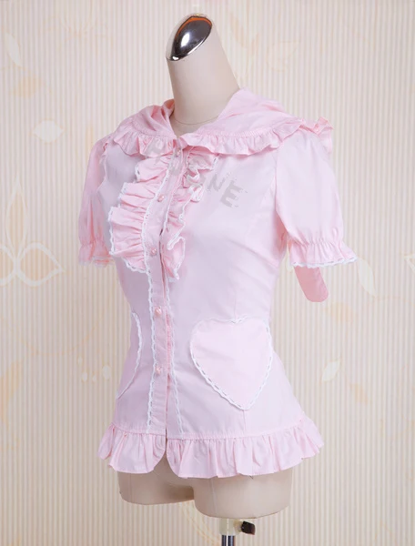Japonijos lolita mados Trumpas Rankovėmis ir Ruffles Turn-žemyn Apykaklės Sweet Pink Lolita Palaidinė specialiai plius dydis