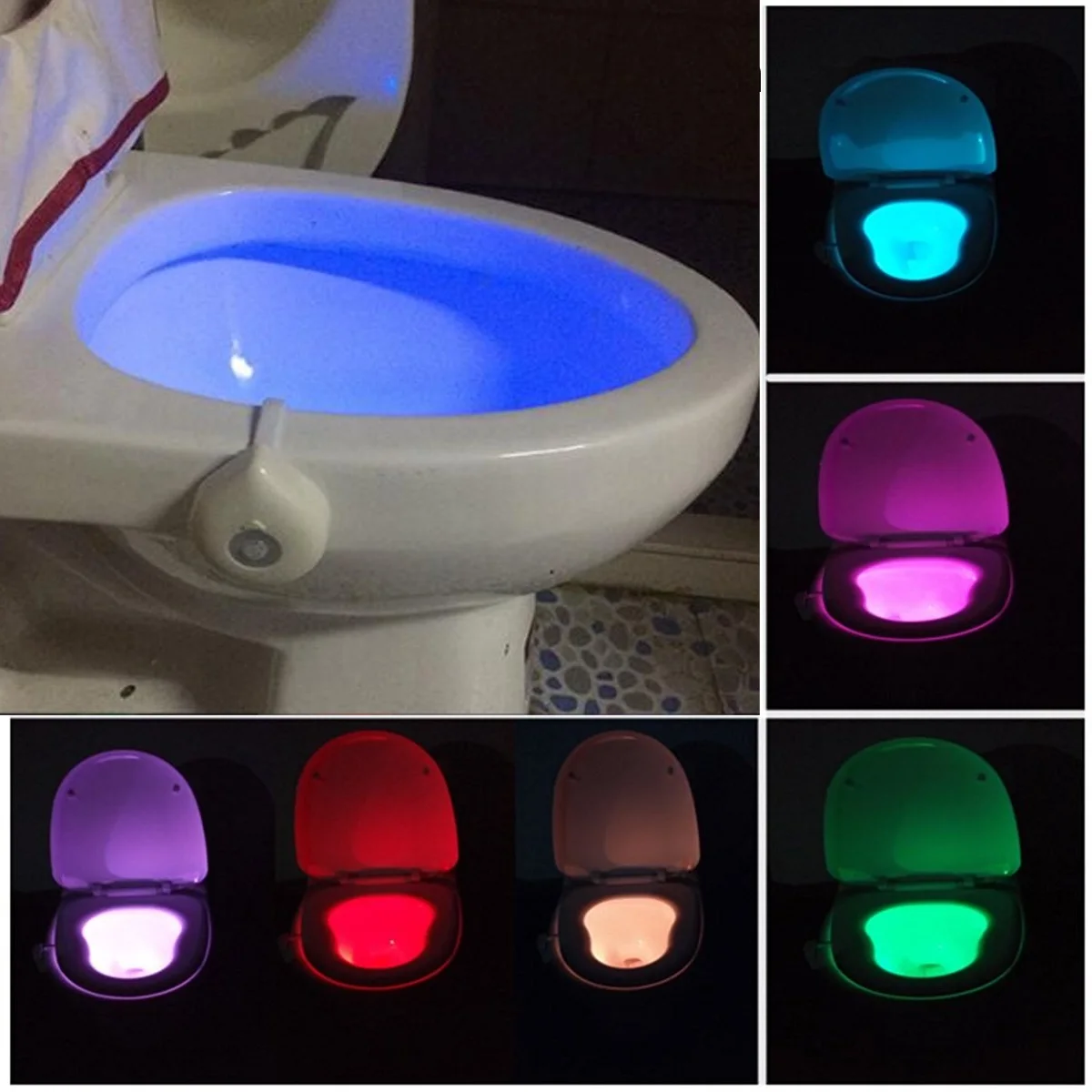 8 Spalvų LED RGB Judesio Jutiklis Automatinis Toliet Naktį Šviesos Tualeto Sėdynės ABS Lempa Balta Kėbulo Žmogaus Judesio Aktyvuota