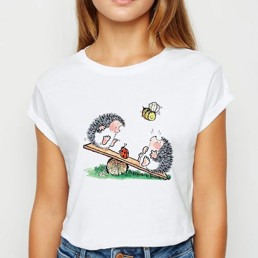 Nauja, T-shirt Moterų Ežys su Kiaulpienių Marškinėlius Prarasti Pavasario Vasaros Marškinėliai, Lengva Atitikimo Apvalios Kaklo marškinėliai,Lašas Laivas