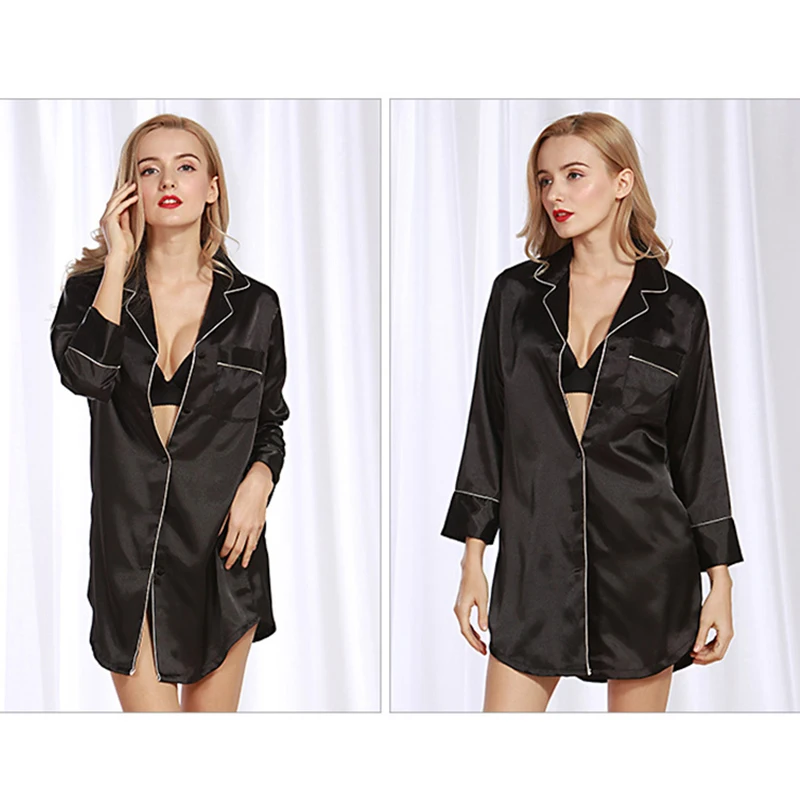 Naujas Moterų Dirbtiniais Šilko Satino Nightgowns Marškinėliai Stilius Famale Seksualus Nightdress Kietas Ilgomis Rankovėmis Minkštas Jaukus Sleepwear Atsitiktinis
