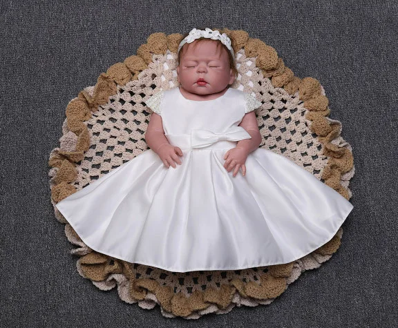 Kūdikių Krikštas Balto Satino Suknelė Lankas Naujagimiui Mergaičių, Kūdikių Puošnios Suknelės Kūdikių Dress 1 Metų Gimtadienio Mergina Suknelė