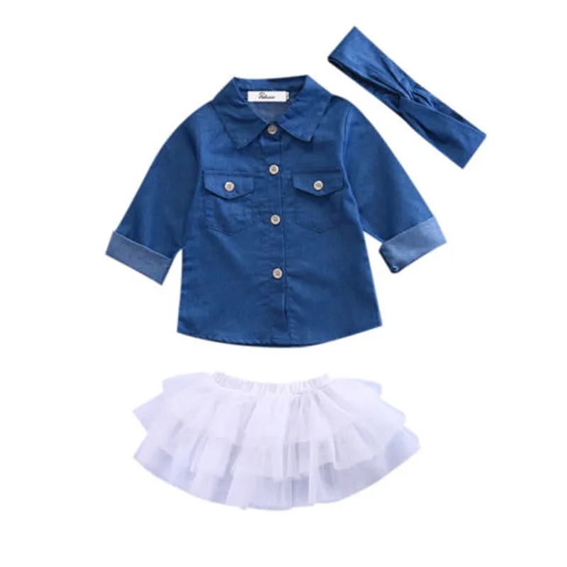 Bamblys Vaikas Baby Girl Komplektus Džinsinio audinio Drabužius ilgomis Rankovėmis Viršūnes T-shirt+Tutu Sijonas+Lankelis 3Pcs Sunsuit Princesė Drabužių Rinkinį 0-5T