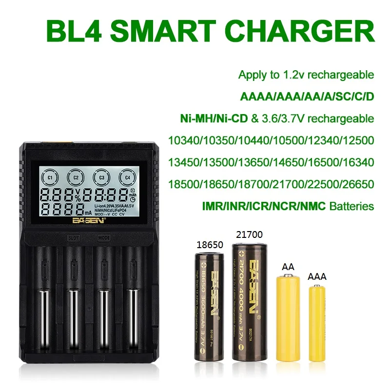BE4 Ličio Baterijos Įkroviklio 18650 26650 21700 32700 AA AAA), 3,7 V/3.2 V/1.2 V NiMH Baterijos 18650 Smart Baterijos Kroviklis