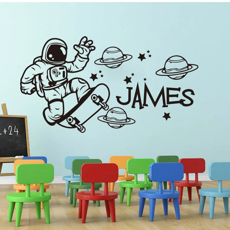 Animacinių Filmų Užsakymą Pavadinimas Astronautas Riedlentė Planetų Žvaigždė Siena Lipdukas Berniukas Kambarys, Vaikų Kambarys Kosmosą Astronautas Skate Sienos Vinilo Decal